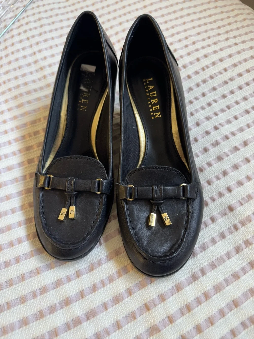 Lauren Ralph Lauren Black Leather Wedges with Gold Tone Charms